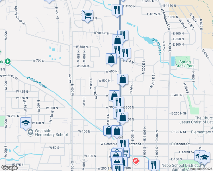 map of restaurants, bars, coffee shops, grocery stores, and more near 442 North 100 West in Springville