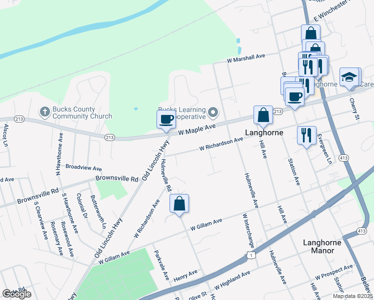 map of restaurants, bars, coffee shops, grocery stores, and more near 555 West Richardson Avenue in Langhorne