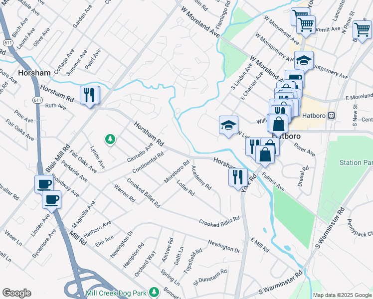 map of restaurants, bars, coffee shops, grocery stores, and more near 309 Horsham Road in Hatboro
