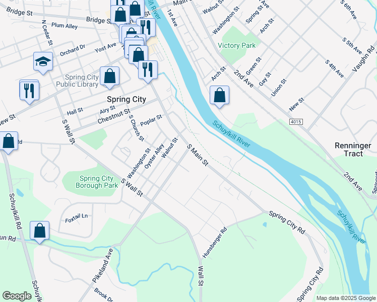 map of restaurants, bars, coffee shops, grocery stores, and more near 129 Pikeland Avenue in Spring City