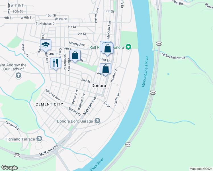 map of restaurants, bars, coffee shops, grocery stores, and more near in Donora