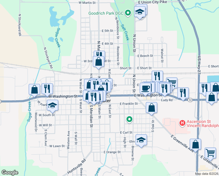 map of restaurants, bars, coffee shops, grocery stores, and more near 102 North East Street in Winchester