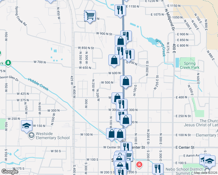 map of restaurants, bars, coffee shops, grocery stores, and more near 442 North 100 West in Springville