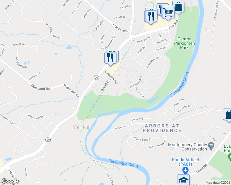 map of restaurants, bars, coffee shops, grocery stores, and more near 116 Honeylocust Court in Collegeville
