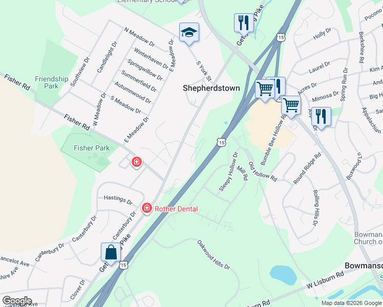 map of restaurants, bars, coffee shops, grocery stores, and more near 433 Gettysburg Pike in Mechanicsburg
