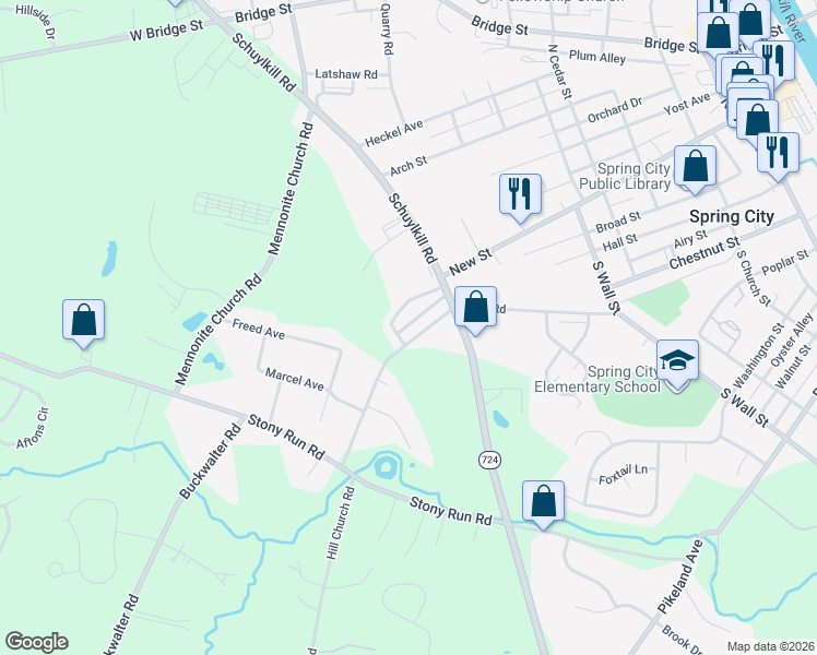 map of restaurants, bars, coffee shops, grocery stores, and more near 110 Linden Drive in Spring City