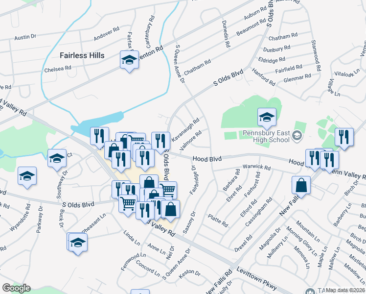 map of restaurants, bars, coffee shops, grocery stores, and more near 513 Valmore Road in Fairless Hills