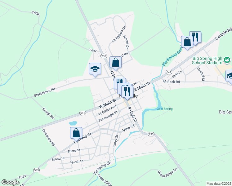map of restaurants, bars, coffee shops, grocery stores, and more near Cove Ave in Newville