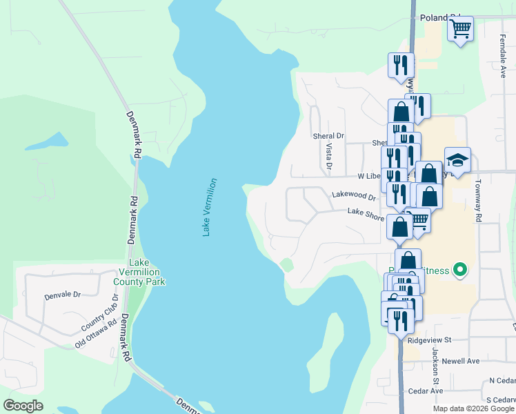map of restaurants, bars, coffee shops, grocery stores, and more near 1-99 Lakeshore Court in Danville