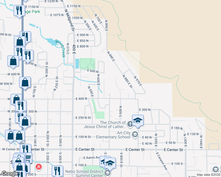 map of restaurants, bars, coffee shops, grocery stores, and more near 645 East 400 North in Springville