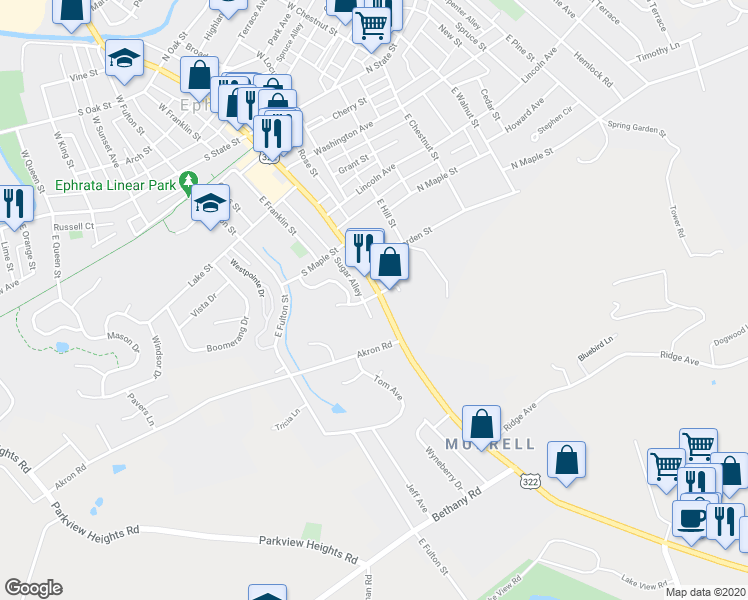 map of restaurants, bars, coffee shops, grocery stores, and more near 501 East Main Street in Ephrata