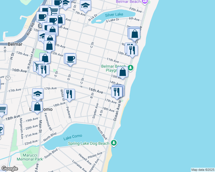 map of restaurants, bars, coffee shops, grocery stores, and more near 1503 A Street in Belmar
