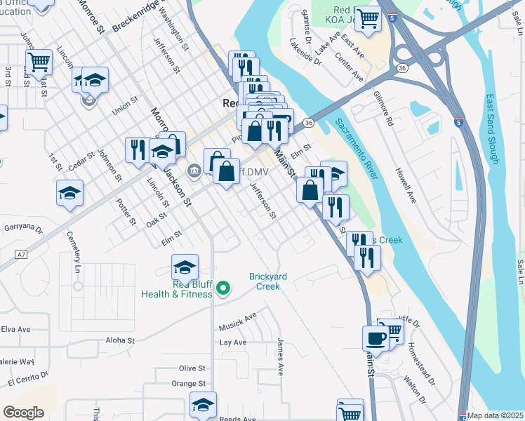 map of restaurants, bars, coffee shops, grocery stores, and more near 336-398 Madison Street in Red Bluff
