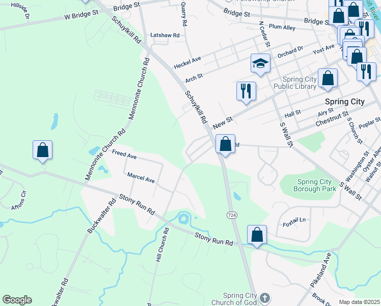 map of restaurants, bars, coffee shops, grocery stores, and more near 885 Buttonwood Avenue in Spring City