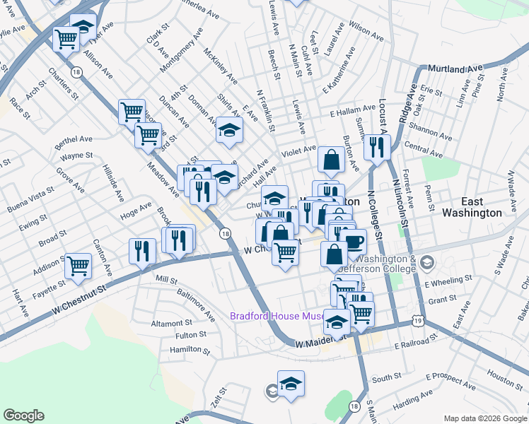 map of restaurants, bars, coffee shops, grocery stores, and more near 111 West Spruce Street in Washington