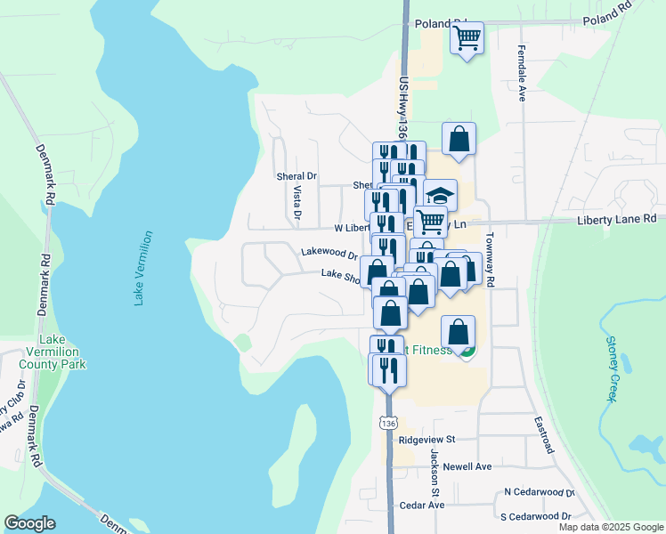 map of restaurants, bars, coffee shops, grocery stores, and more near 2-26 Lake Shore Drive in Danville