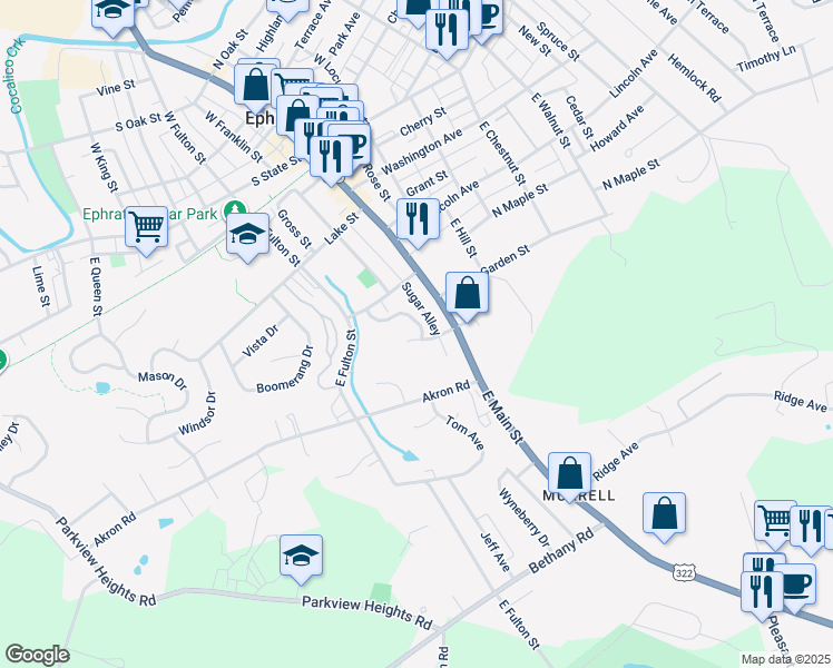 map of restaurants, bars, coffee shops, grocery stores, and more near 72 Michael Court in Ephrata