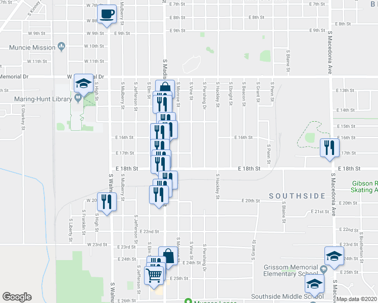 map of restaurants, bars, coffee shops, grocery stores, and more near 2313 South Vine Street in Muncie