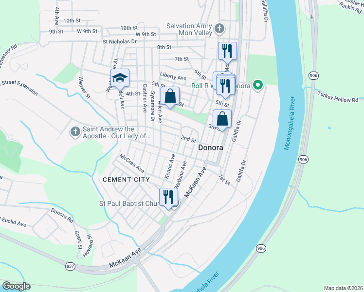 map of restaurants, bars, coffee shops, grocery stores, and more near 328 1st Street in Donora