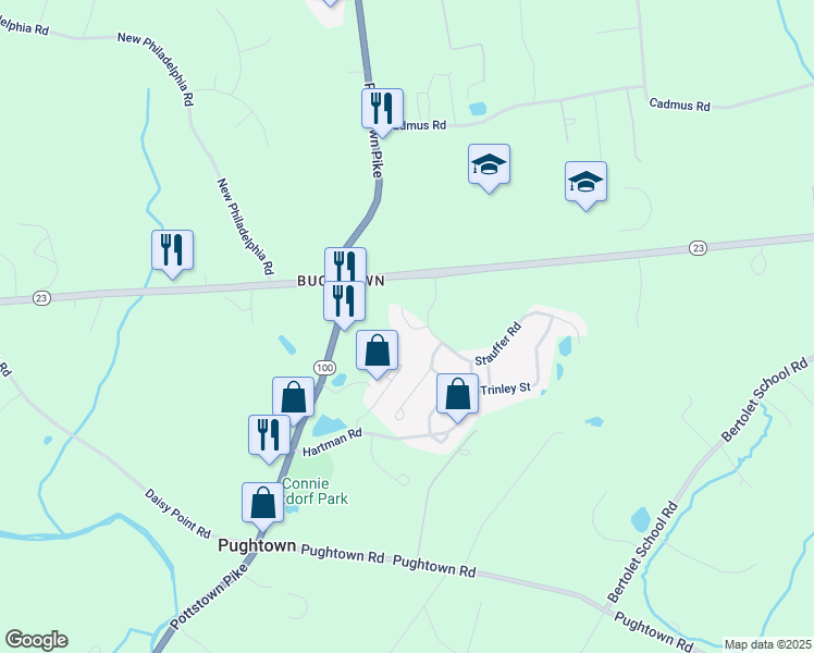 map of restaurants, bars, coffee shops, grocery stores, and more near 102 Holby Lane in Pottstown
