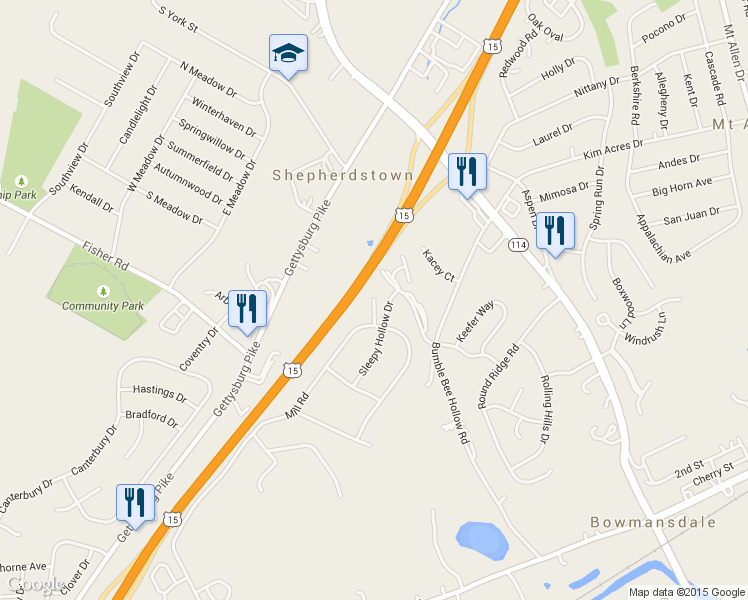 map of restaurants, bars, coffee shops, grocery stores, and more near Wooley Hollow Court in Mechanicsburg
