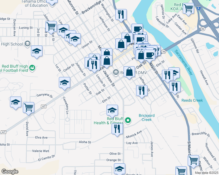 map of restaurants, bars, coffee shops, grocery stores, and more near 546 Lincoln Street in Red Bluff