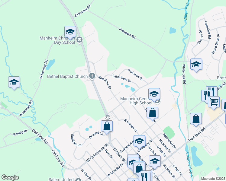 map of restaurants, bars, coffee shops, grocery stores, and more near 439 Red Rose Drive in Manheim