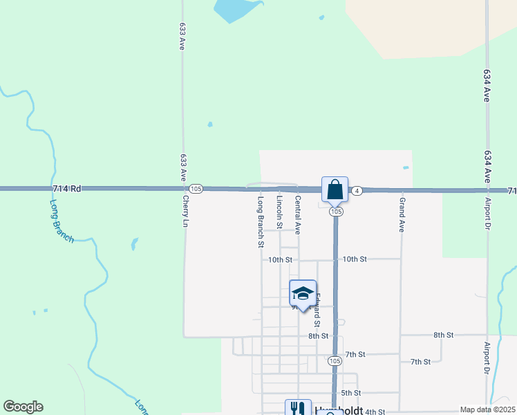 map of restaurants, bars, coffee shops, grocery stores, and more near 1155 Long Branch Street in Humboldt