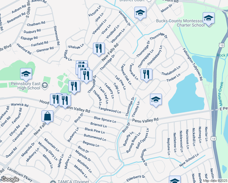 map of restaurants, bars, coffee shops, grocery stores, and more near 36 Teaberry Lane in Levittown