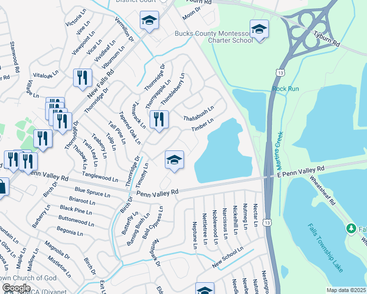 map of restaurants, bars, coffee shops, grocery stores, and more near 1 Tree Lane in Levittown