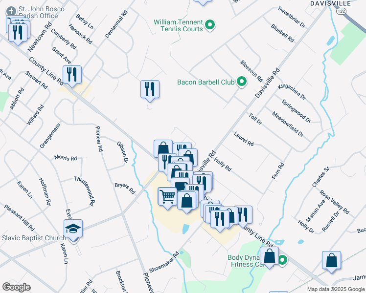 map of restaurants, bars, coffee shops, grocery stores, and more near 303 Roarks Trail in Warminster