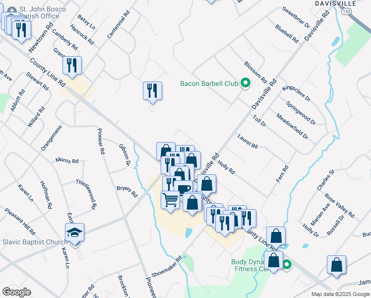 map of restaurants, bars, coffee shops, grocery stores, and more near 303 Roarks Trail in Warminster