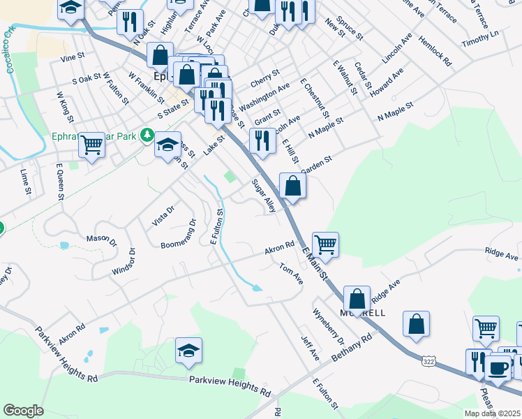 map of restaurants, bars, coffee shops, grocery stores, and more near 72 Michael Court in Ephrata