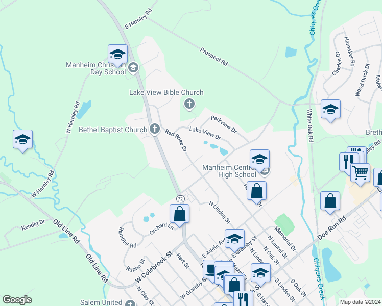 map of restaurants, bars, coffee shops, grocery stores, and more near 439 Red Rose Drive in Manheim