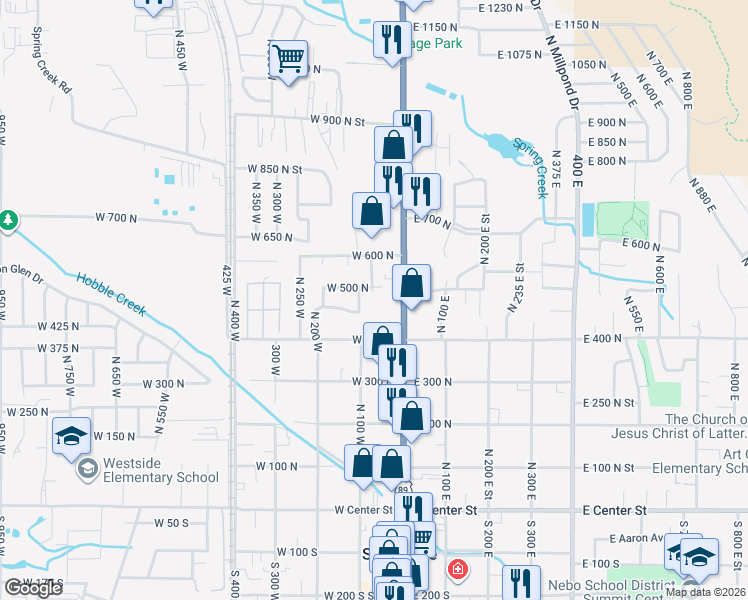 map of restaurants, bars, coffee shops, grocery stores, and more near 442 North 100 West in Springville