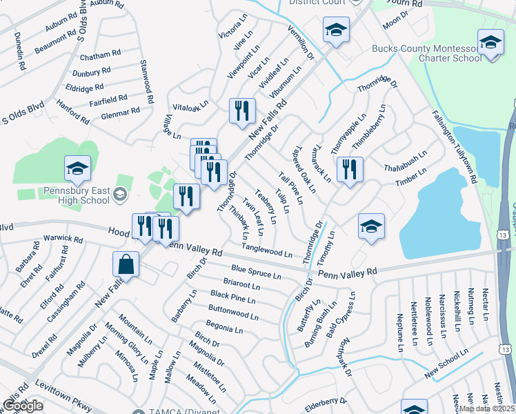 map of restaurants, bars, coffee shops, grocery stores, and more near 34 Twin Leaf Lane in Levittown
