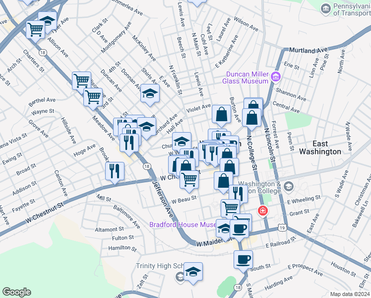 map of restaurants, bars, coffee shops, grocery stores, and more near 103 West Walnut Street in Washington