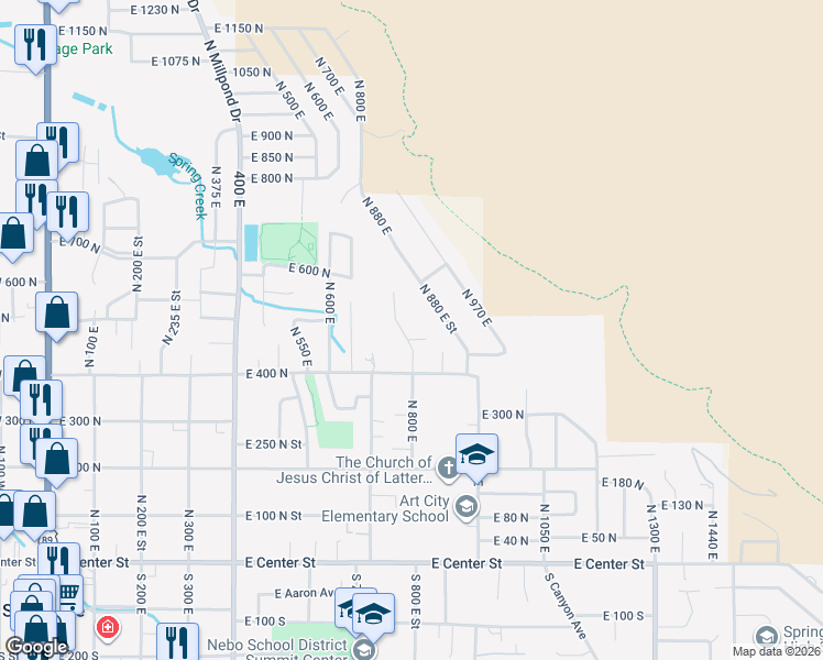 map of restaurants, bars, coffee shops, grocery stores, and more near 485 North 800 East in Springville