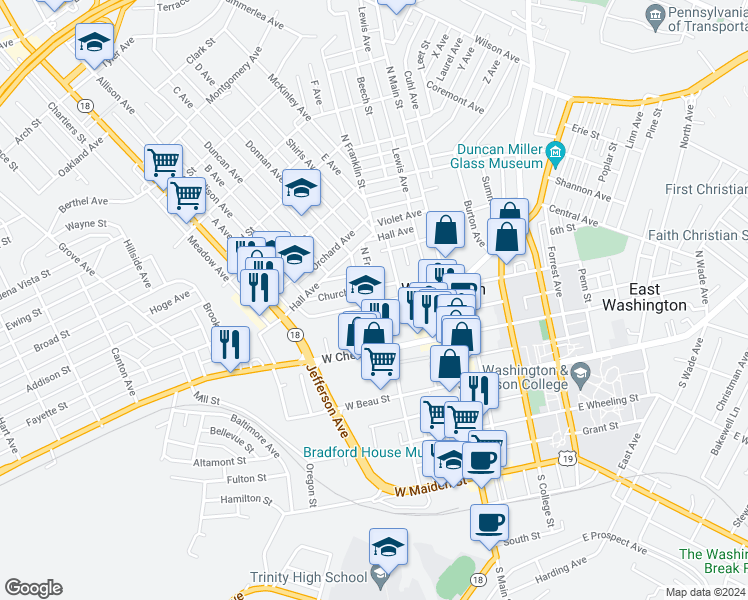 map of restaurants, bars, coffee shops, grocery stores, and more near 101 West Walnut Street in Washington
