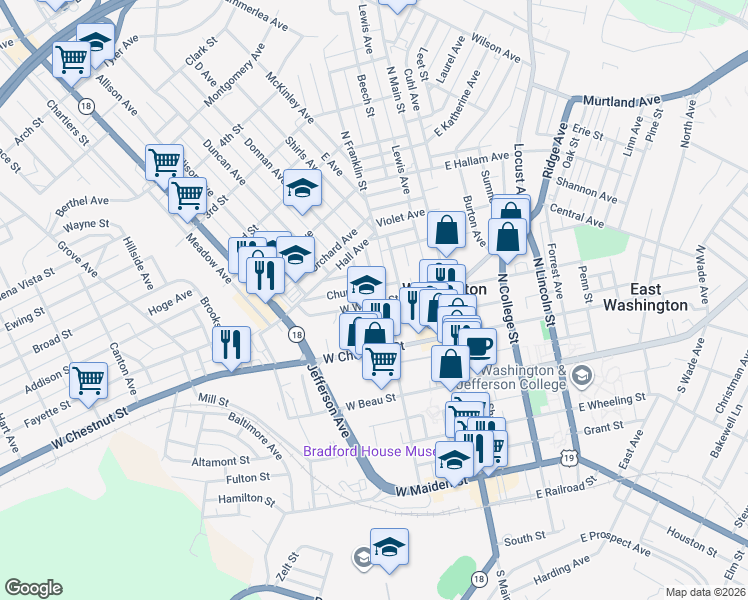map of restaurants, bars, coffee shops, grocery stores, and more near 138 North Franklin Street in Washington