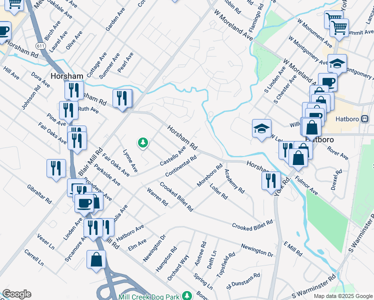 map of restaurants, bars, coffee shops, grocery stores, and more near 432 Continental Road in Hatboro