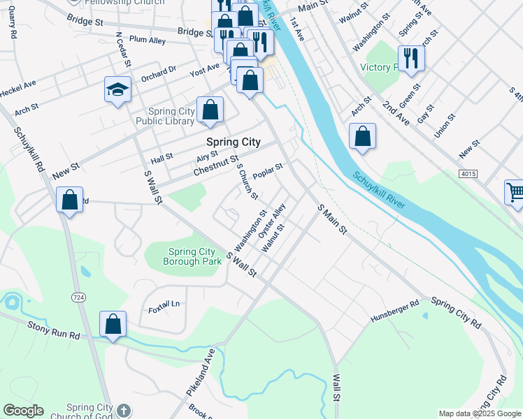 map of restaurants, bars, coffee shops, grocery stores, and more near 205 Washington Street in Spring City