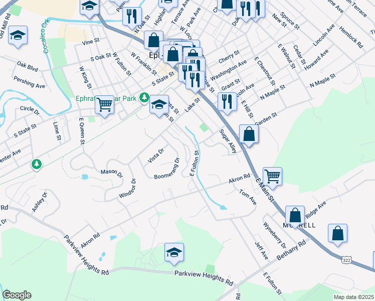 map of restaurants, bars, coffee shops, grocery stores, and more near 30 Westpointe Drive in Ephrata