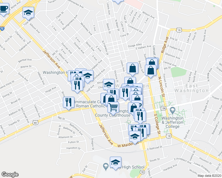 map of restaurants, bars, coffee shops, grocery stores, and more near 138 North Franklin Street in Washington