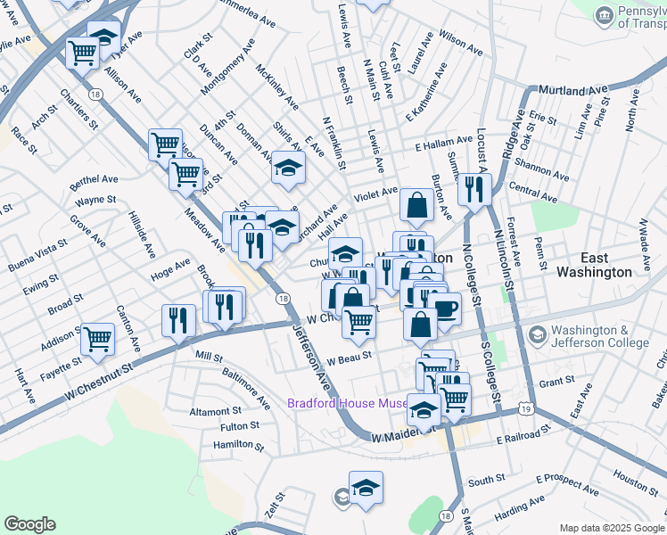 map of restaurants, bars, coffee shops, grocery stores, and more near 111 West Spruce Street in Washington