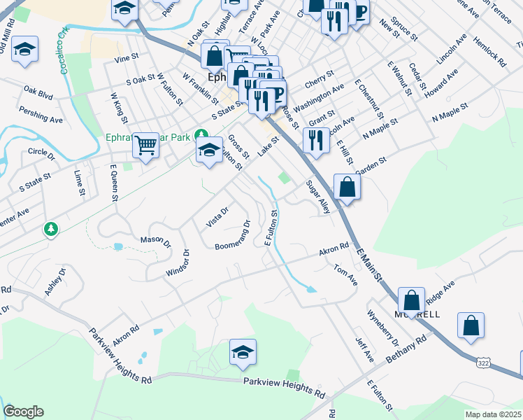 map of restaurants, bars, coffee shops, grocery stores, and more near 30 Westpointe Drive in Ephrata
