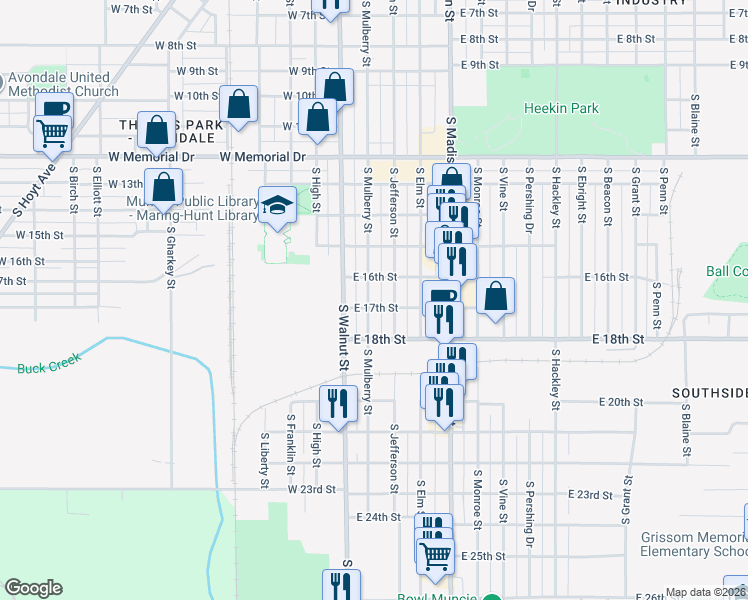 map of restaurants, bars, coffee shops, grocery stores, and more near 2401 South Jefferson Street in Muncie