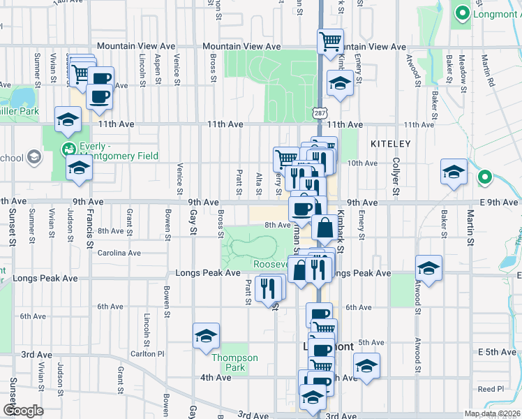 map of restaurants, bars, coffee shops, grocery stores, and more near 760 8th Avenue in Longmont