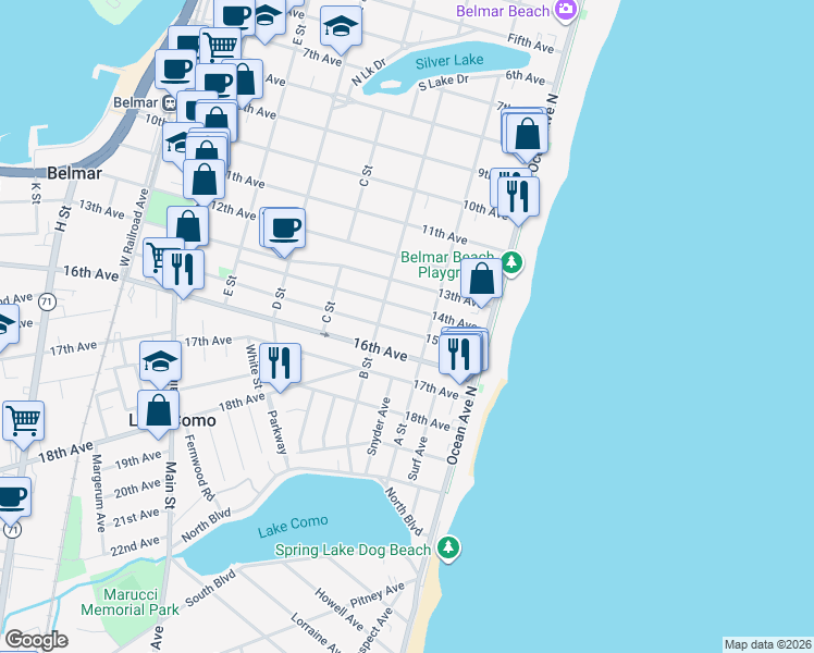 map of restaurants, bars, coffee shops, grocery stores, and more near 1503 A Street in Belmar