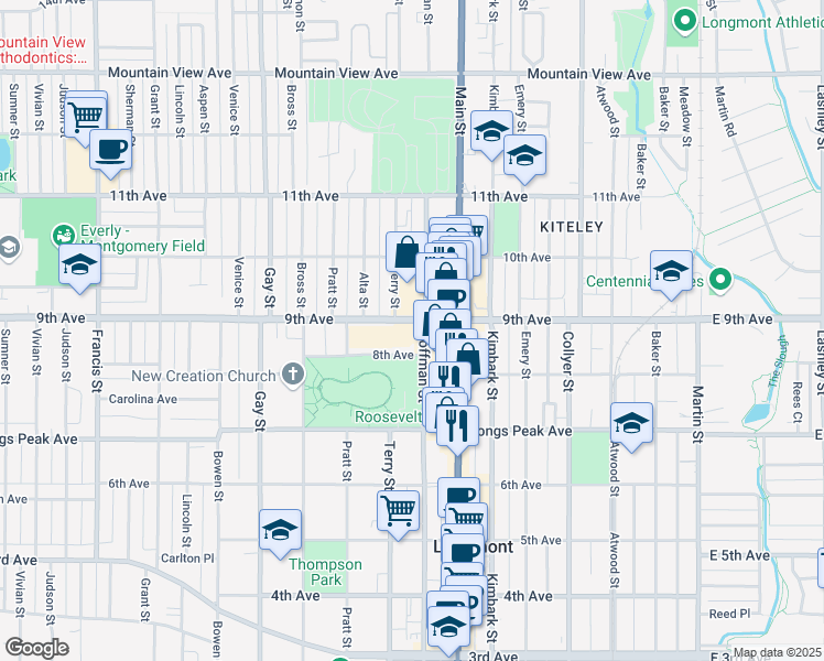 map of restaurants, bars, coffee shops, grocery stores, and more near 825 Coffman Street in Longmont